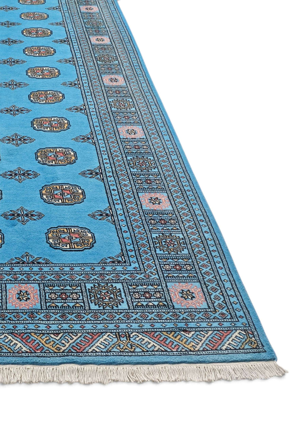 Hand-knotted turquoise Bokhara rug with repeating Turkmen güls