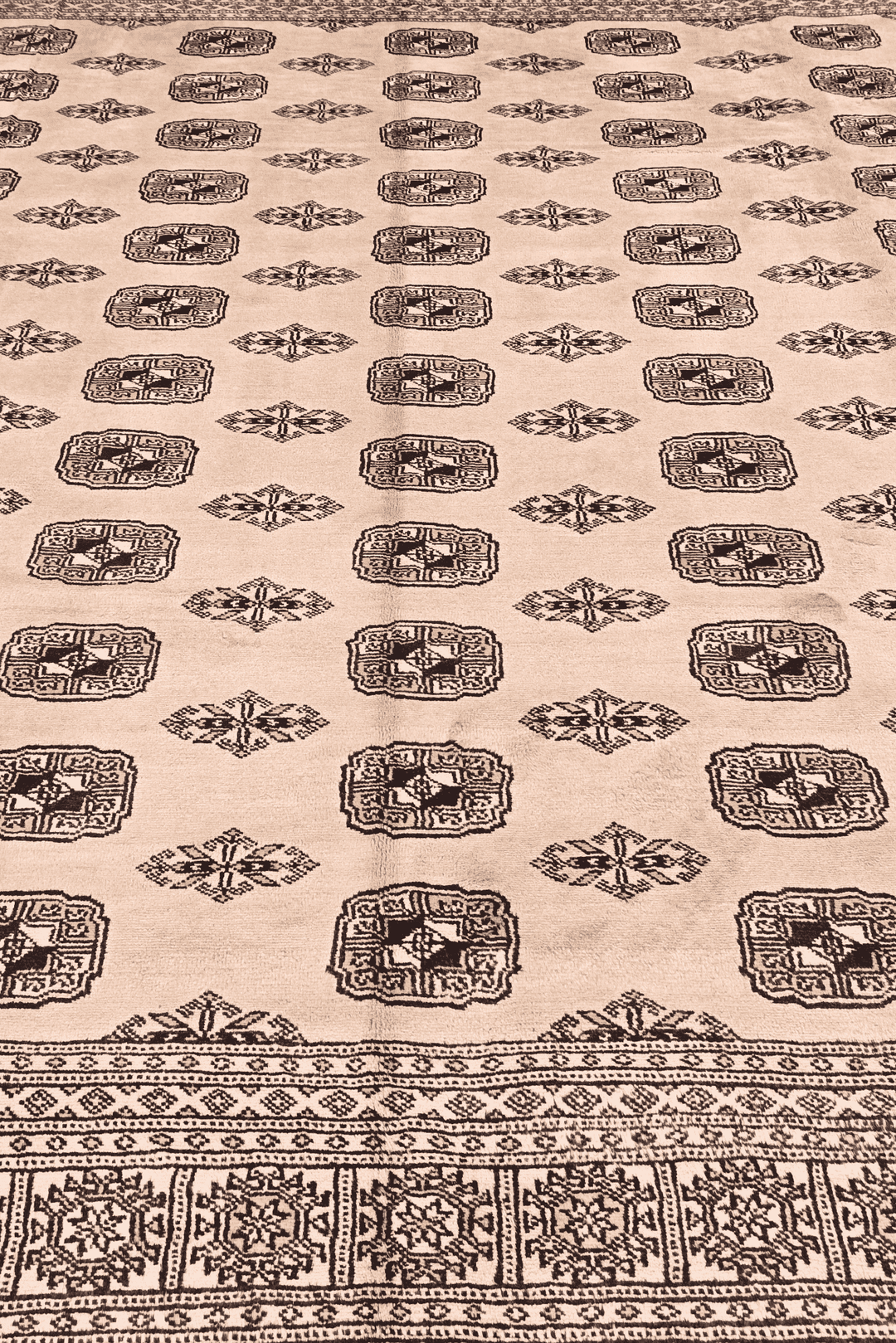Hand-knotted wool pile of warm beige Bokhara rug, 248×263cm