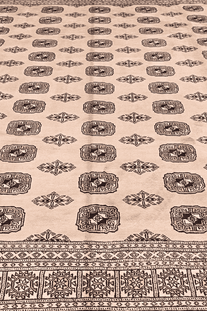 Hand-knotted wool pile of warm beige Bokhara rug, 248×263cm