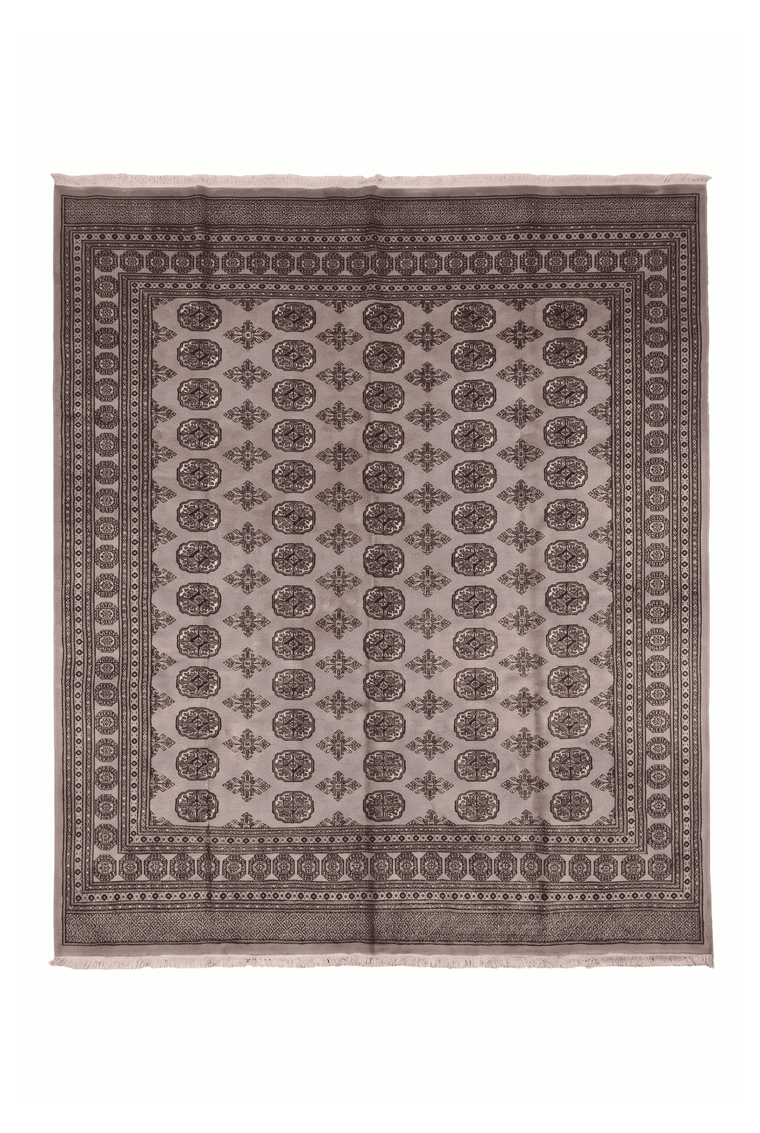 Warm grey Turkmen gül Bokhara square rug, 246×256cm, about 4.5 tatami