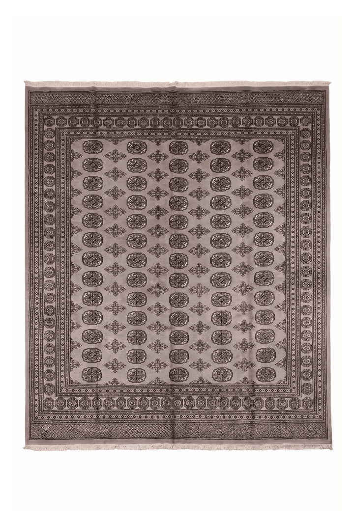 Warm grey Turkmen gül Bokhara square rug, 246×256cm, about 4.5 tatami