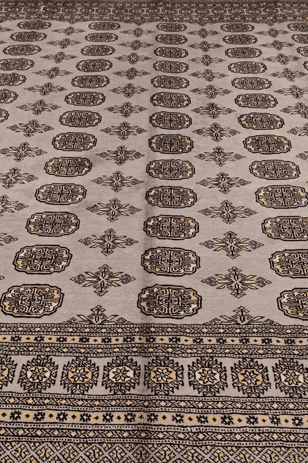 Hand-knotted wool pile of warm grey square Bokhara rug, 246×256cm