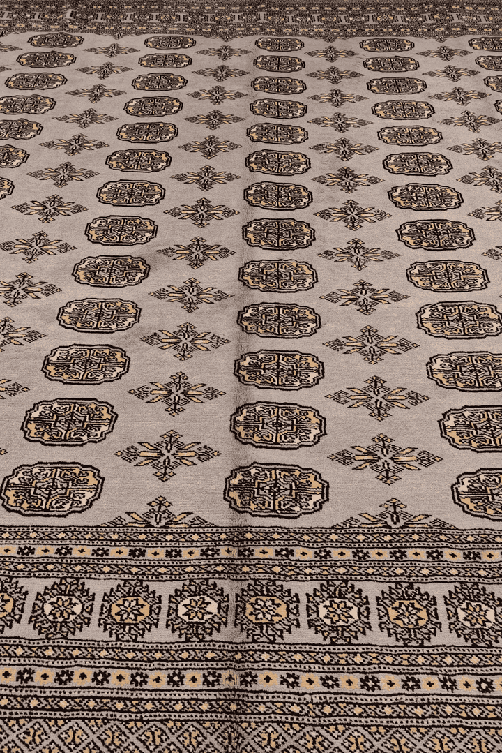 Hand-knotted wool pile of warm grey square Bokhara rug, 246×256cm