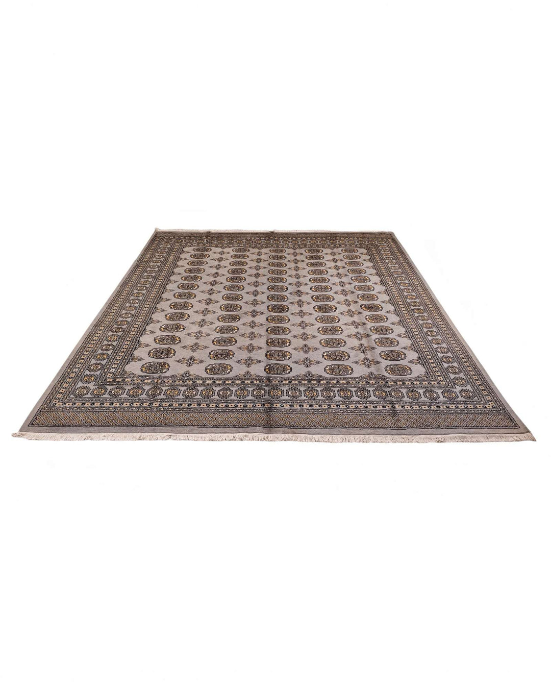 Warm grey square Bokhara wool rug 246×256cm, Pakistani craftsmanship