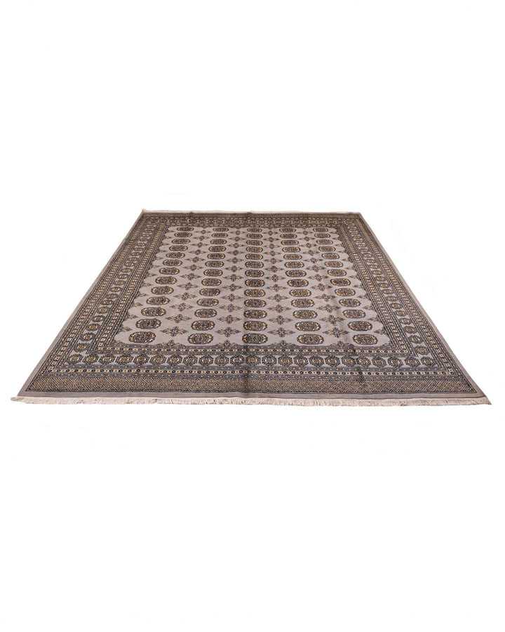 Warm grey square Bokhara wool rug 246×256cm, Pakistani craftsmanship