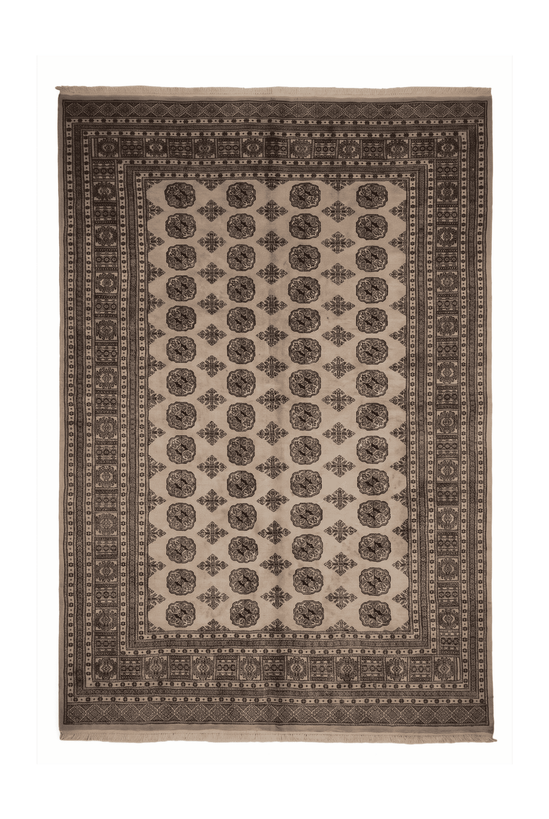 Warm sand and charcoal Turkmen gül Bokhara rug, 201×247cm, 3 tatami