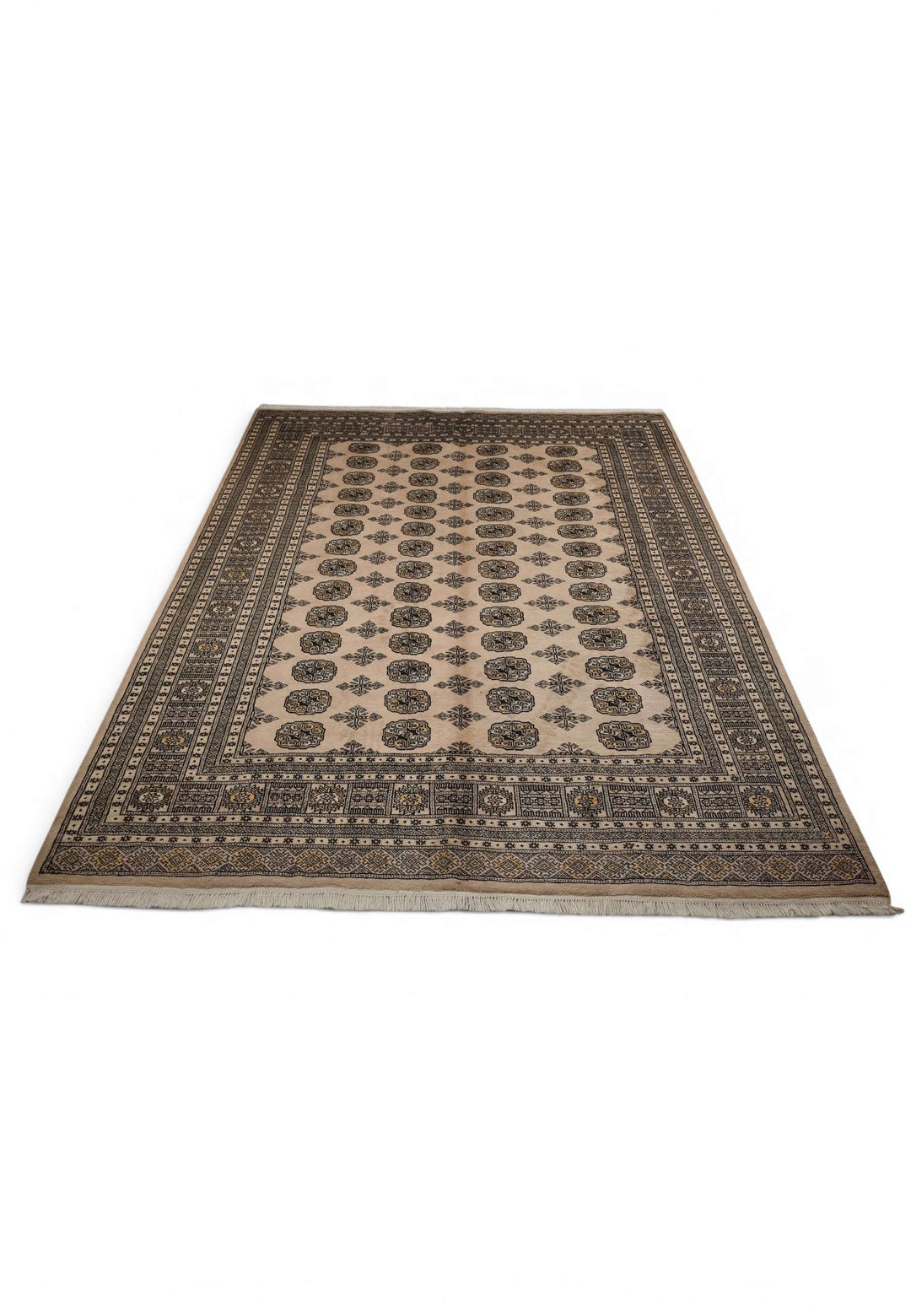 Border detail of warm sand and charcoal hand-knotted Bokhara rug
