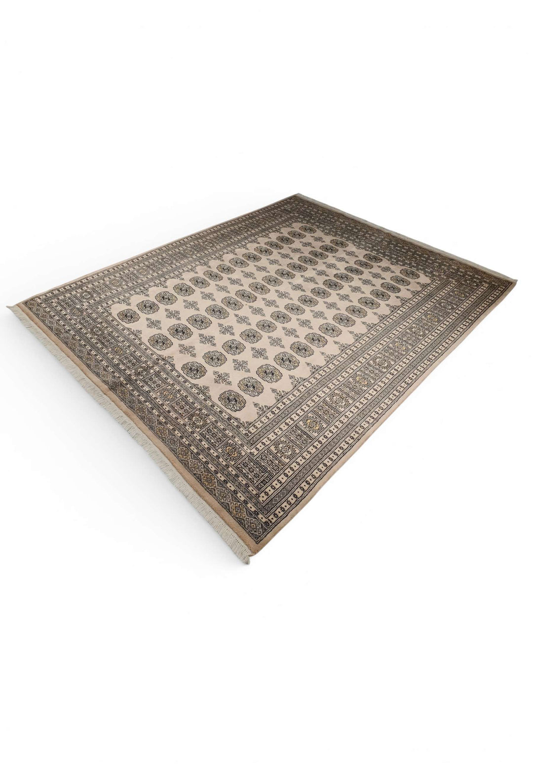 Hand-knotted wool pile of warm sand Bokhara rug, 201×247cm