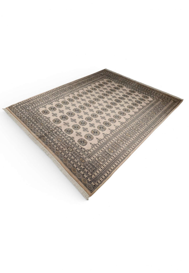 Hand-knotted wool pile of warm sand Bokhara rug, 201×247cm