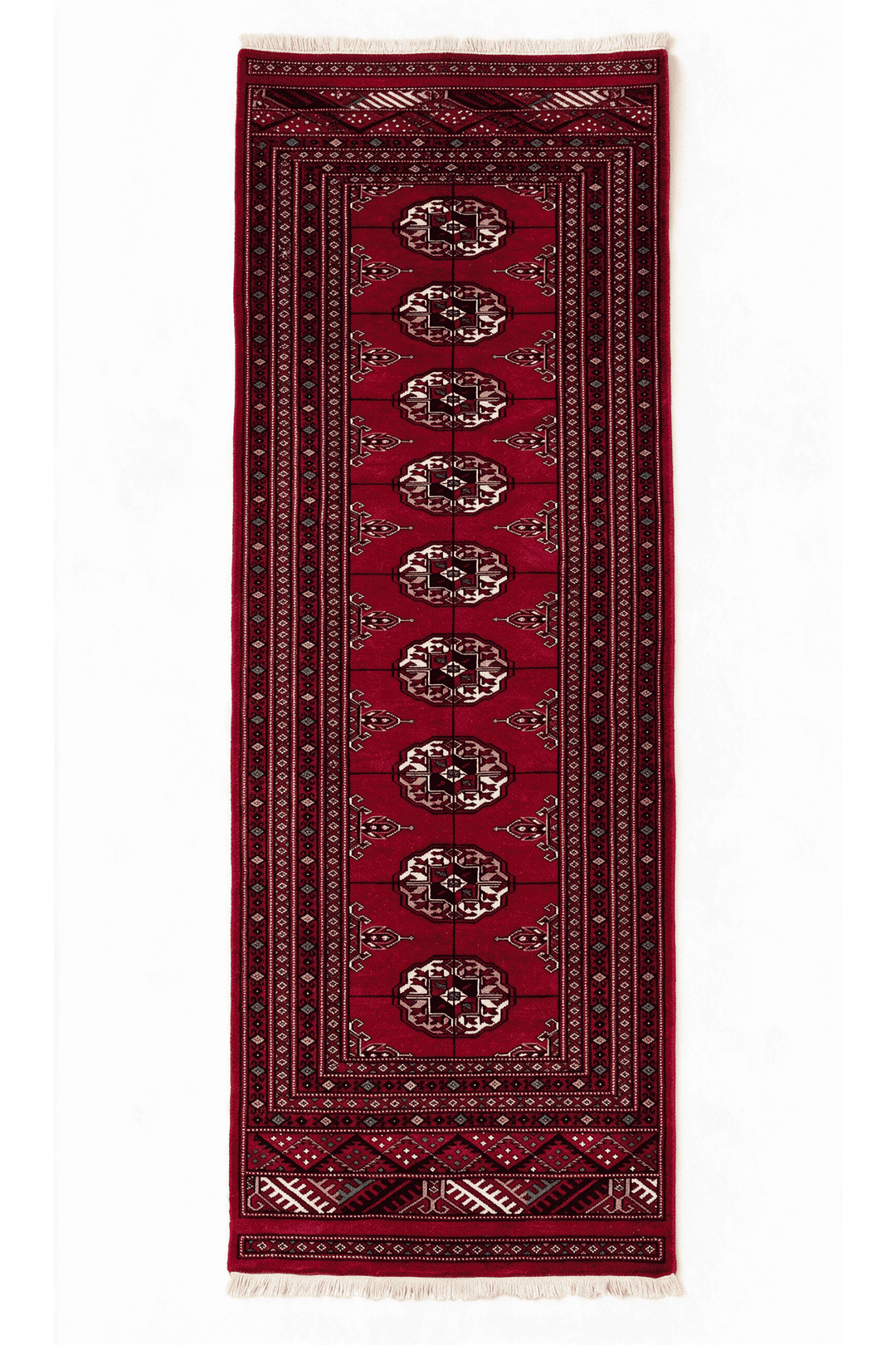 Wine red and cream threaded gül Bokhara rug, 109×195cm, accent size