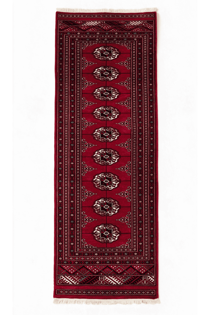 Wine red and cream threaded gül Bokhara rug, 109×195cm, accent size