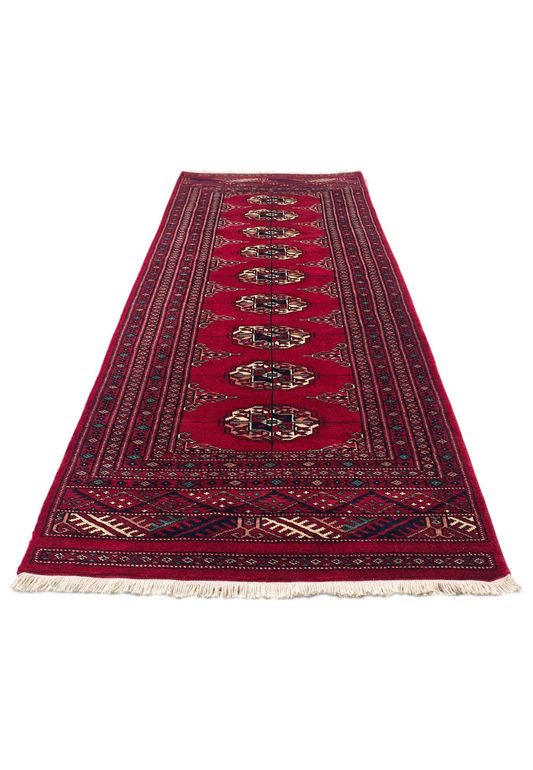 Border detail of wine red and cream hand-knotted Bokhara rug