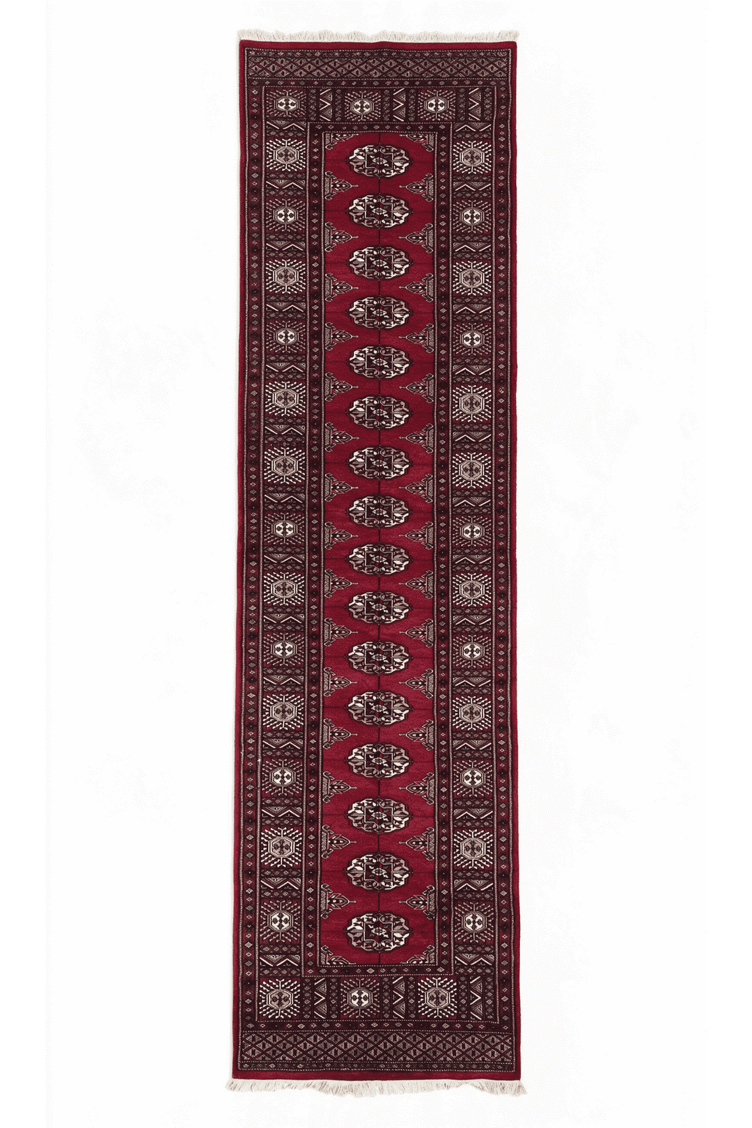 Wine red and cream single column gül Bokhara runner, 75×299cm, hand-knotted
