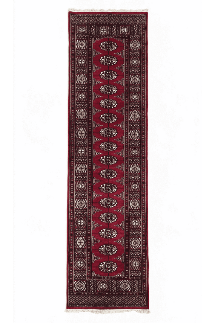 Wine red and cream single column gül Bokhara runner, 75×299cm, hand-knotted