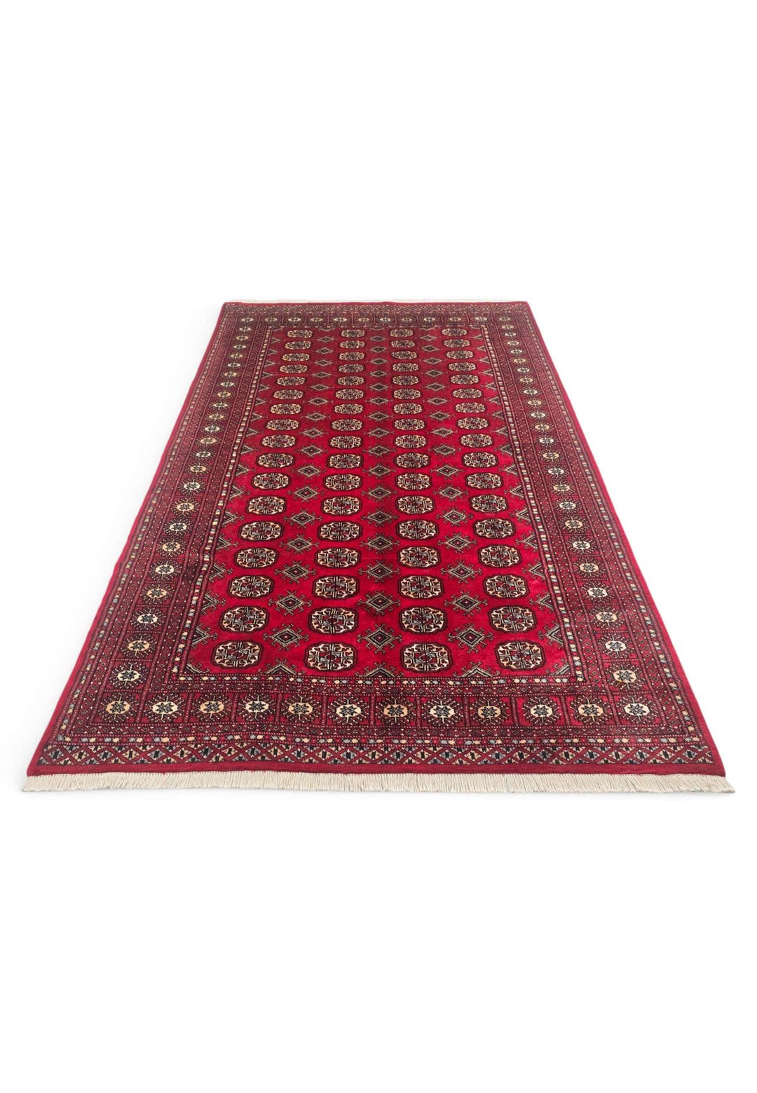 Border detail of wine red hand-knotted Bokhara wool rug