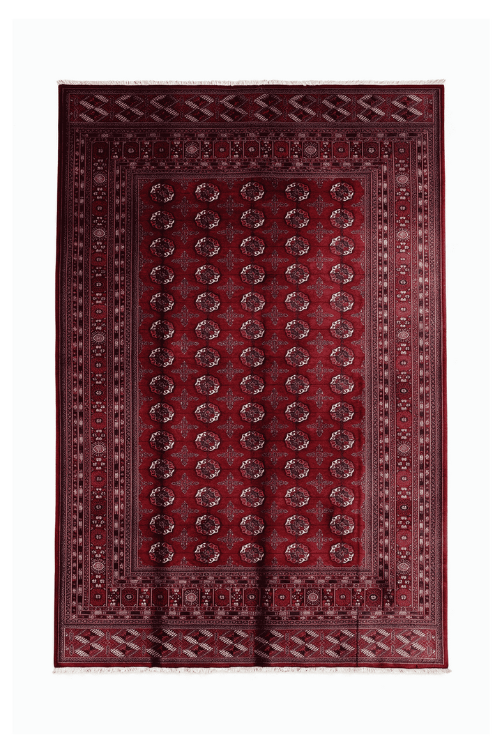 Wine red Turkmen gül Bokhara Sherwan Afghan rug, 280×359cm, 6 tatami