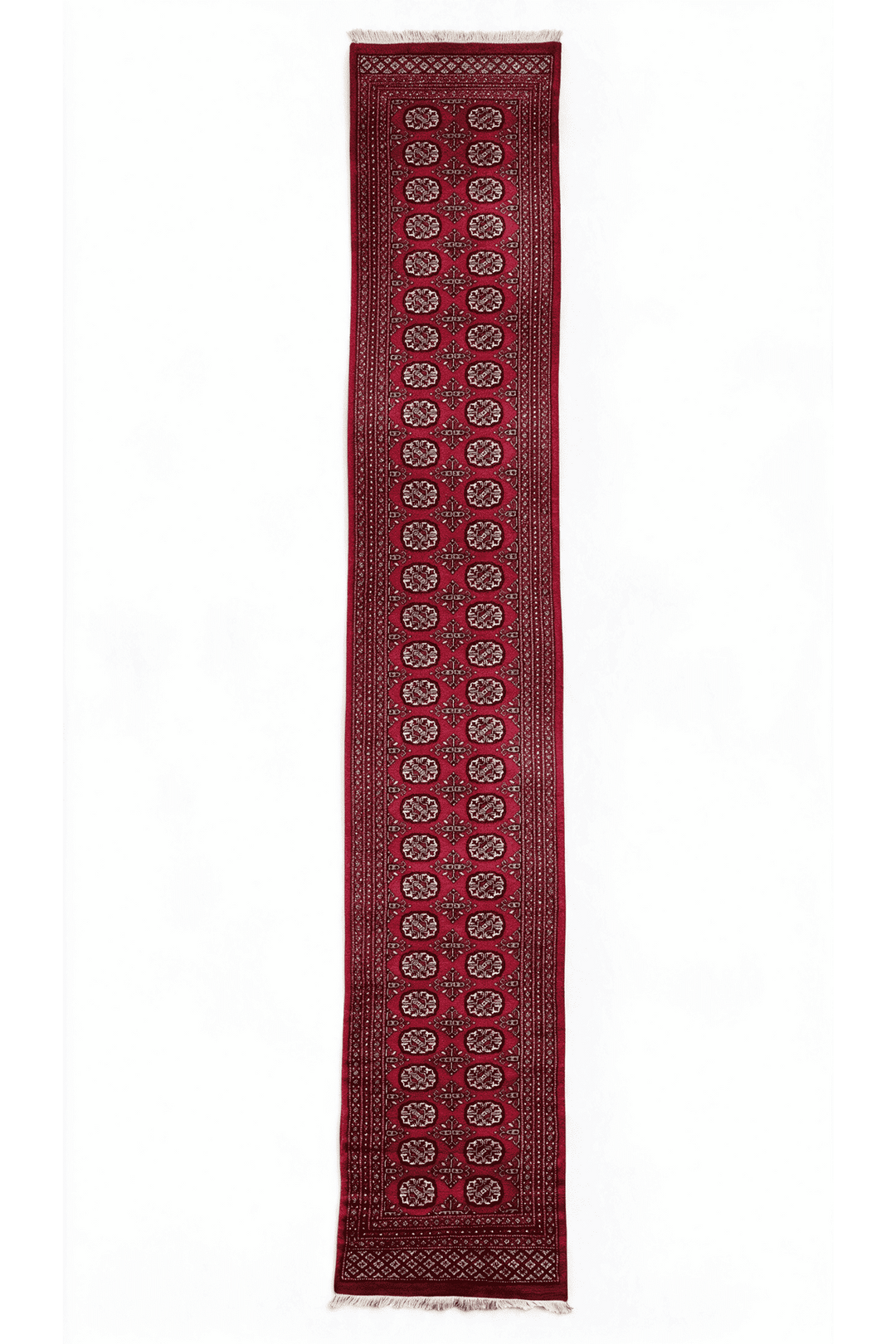 Wine red Turkmen gül Bokhara runner, 76×609cm, extra long corridor size