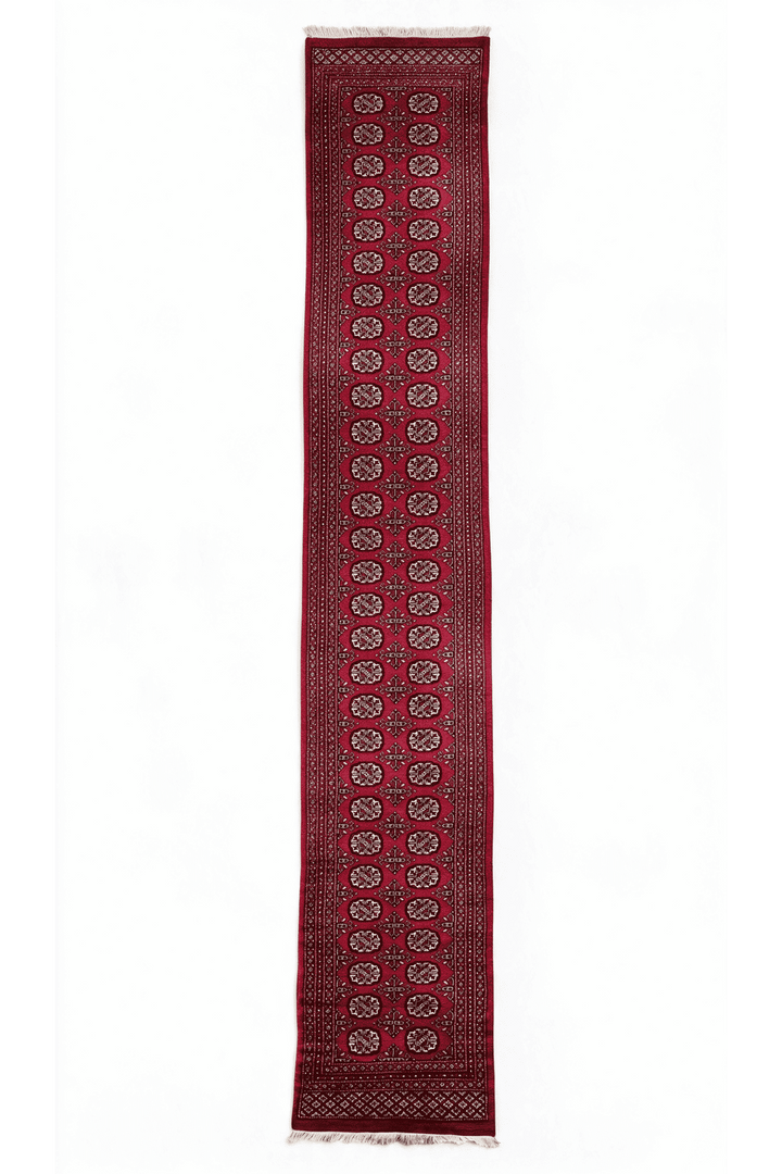 Wine red Turkmen gül Bokhara runner, 76×609cm, extra long corridor size