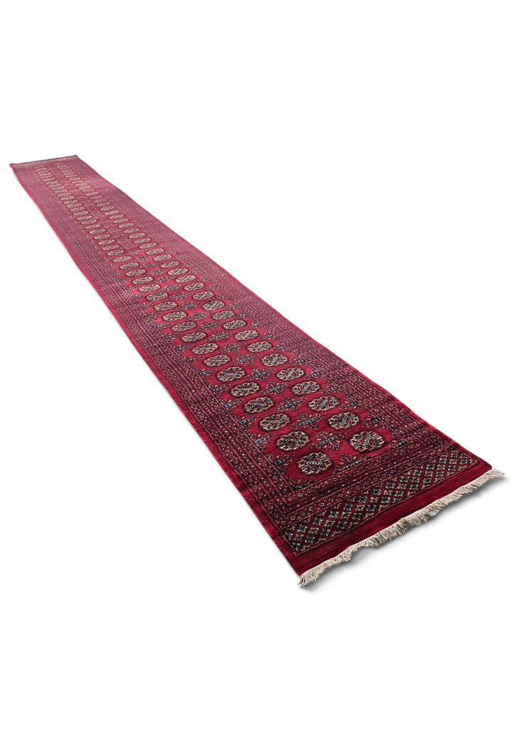 Hand-knotted wool pile of wine red Bokhara runner, 76×609cm