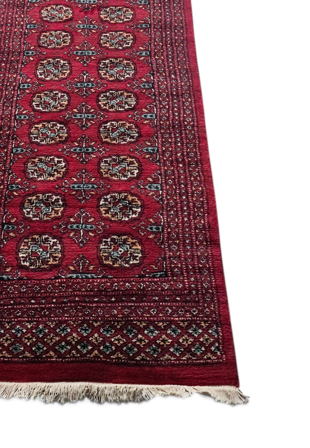 Exceptionally long wine red hand-knotted Bokhara wool runner
