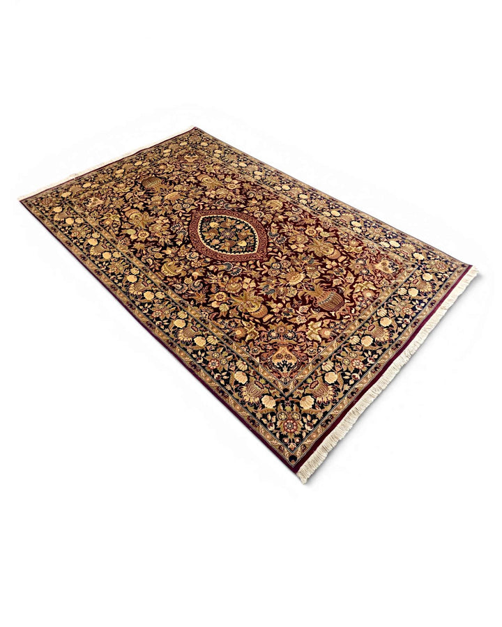 Fringe of oxblood vase garden Tabriz hand-knotted rug