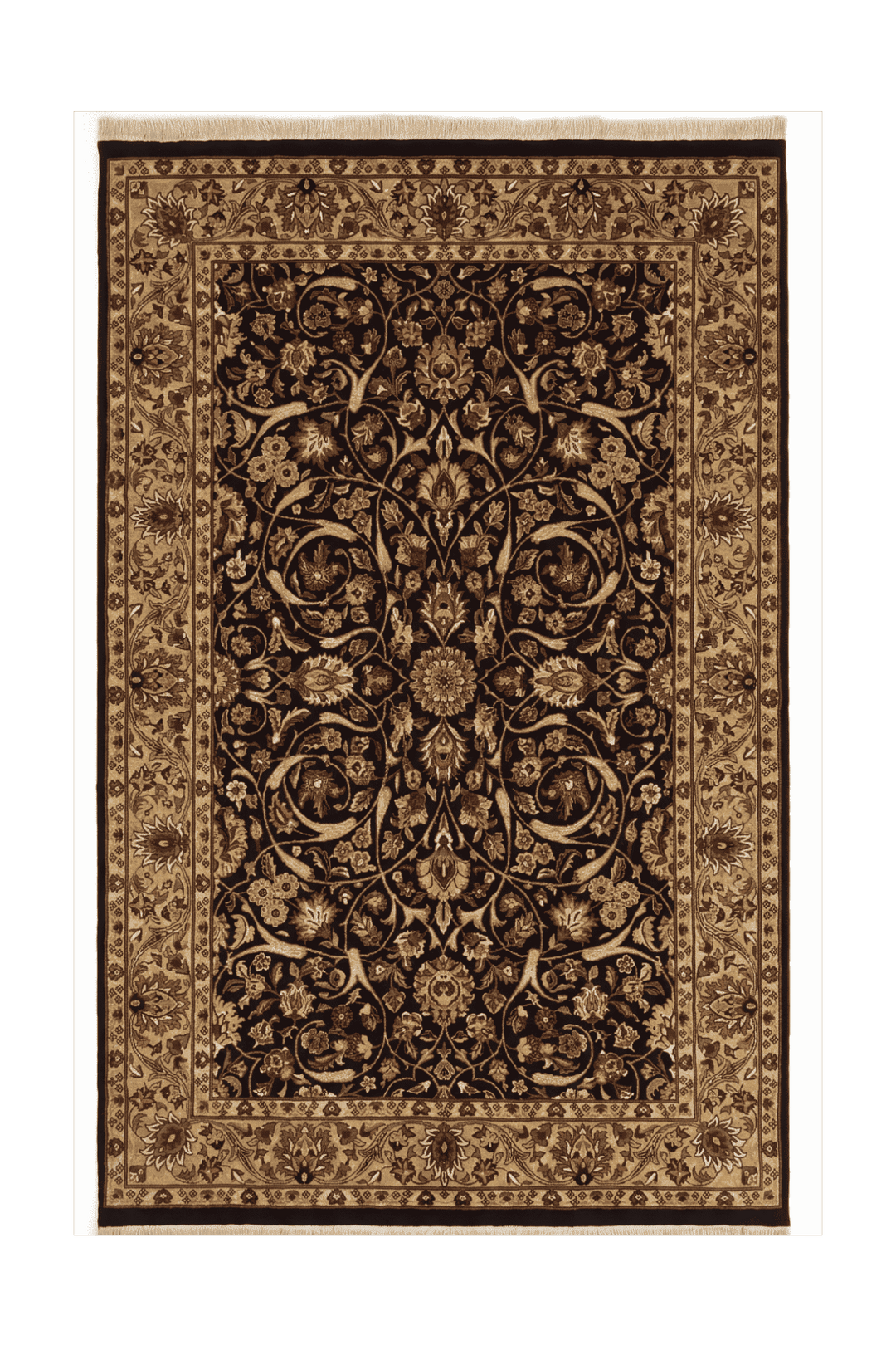 Ebony black and gold all-over floral rug, hand-knotted Pakistani wool