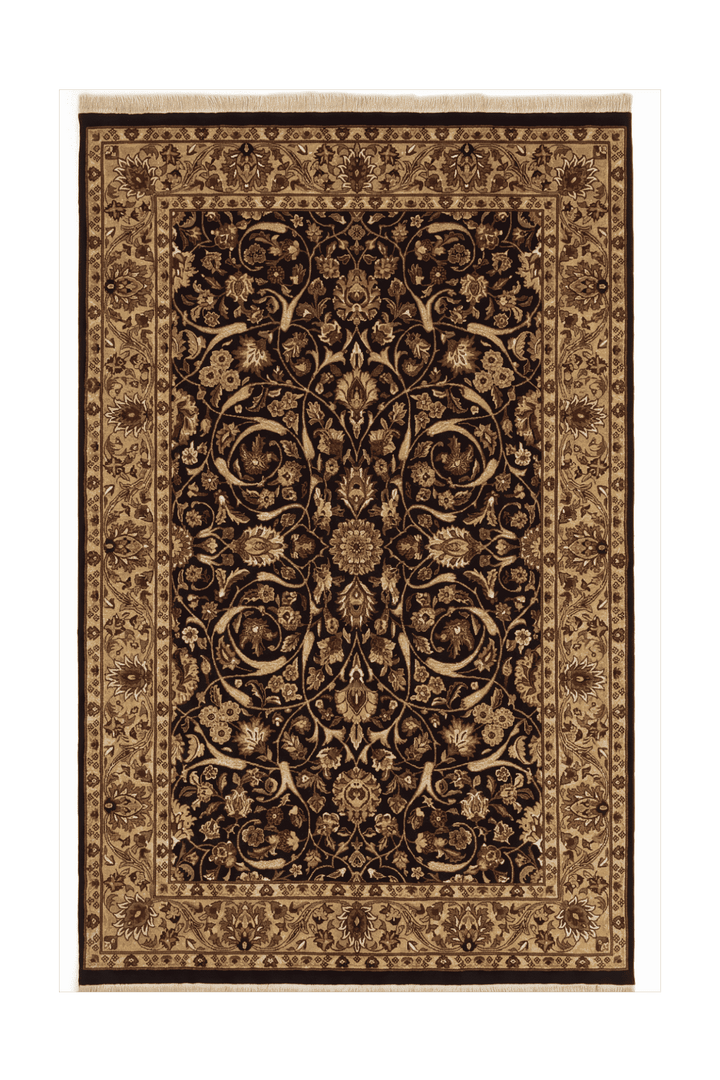 Ebony black and gold all-over floral rug, hand-knotted Pakistani wool