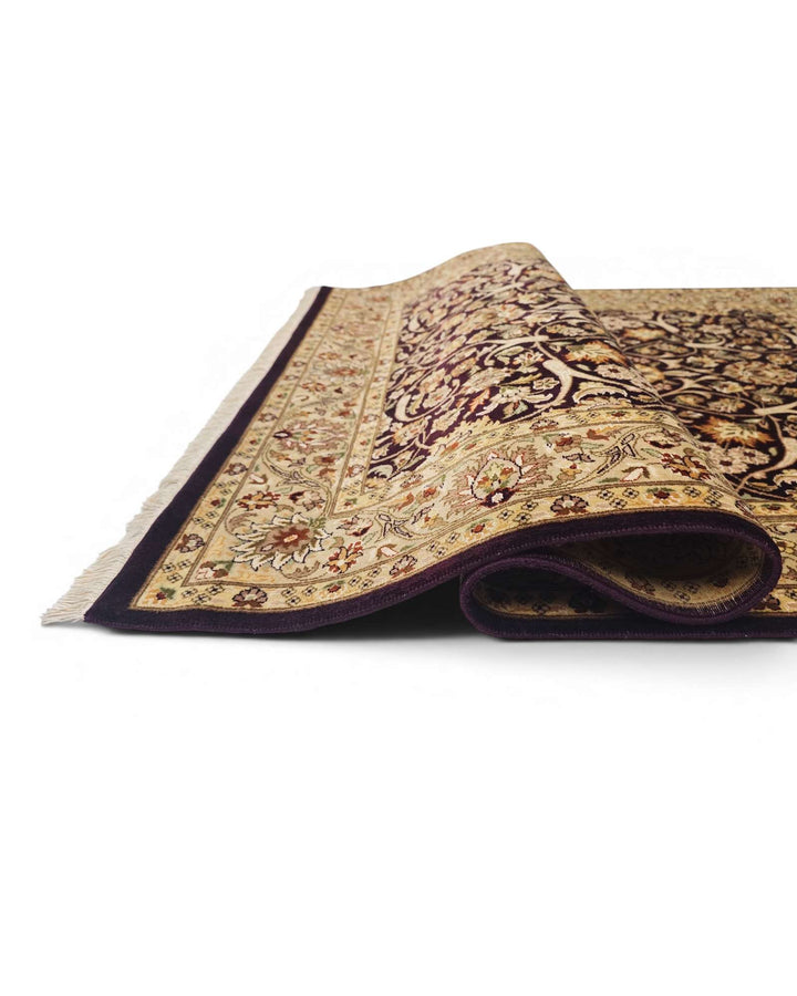Ebony and gold all-over floral rug, hand-knotted Pakistani wool