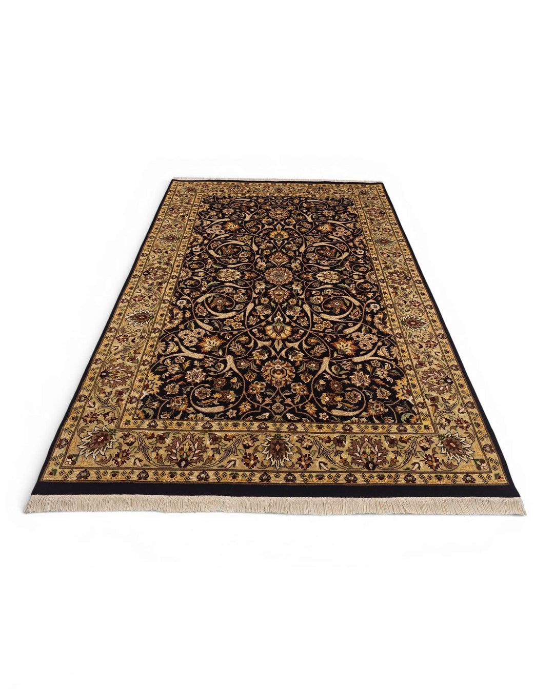Hand-knotted wool pile of ebony gold Tabriz rug