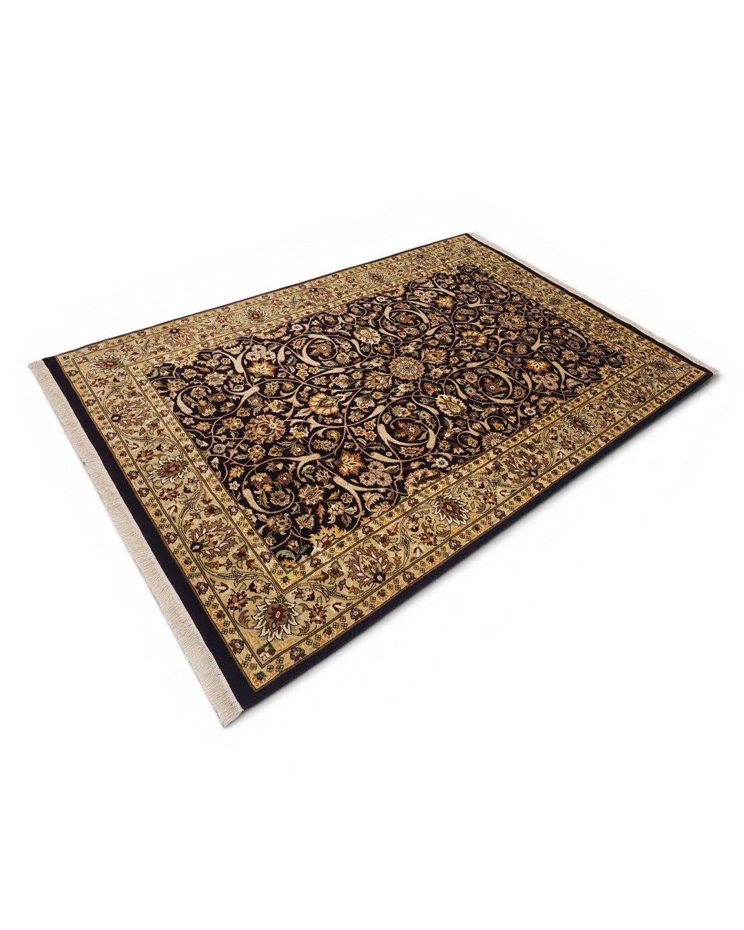 One-of-a-kind ebony and gold all-over floral Pakistani rug