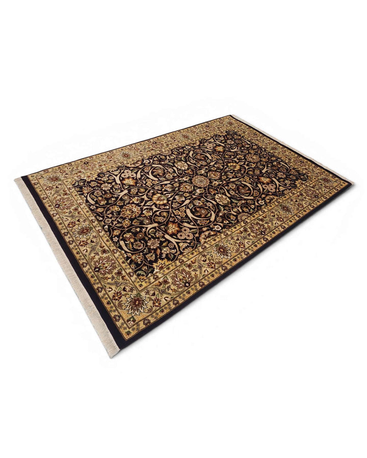 One-of-a-kind ebony and gold all-over floral Pakistani rug