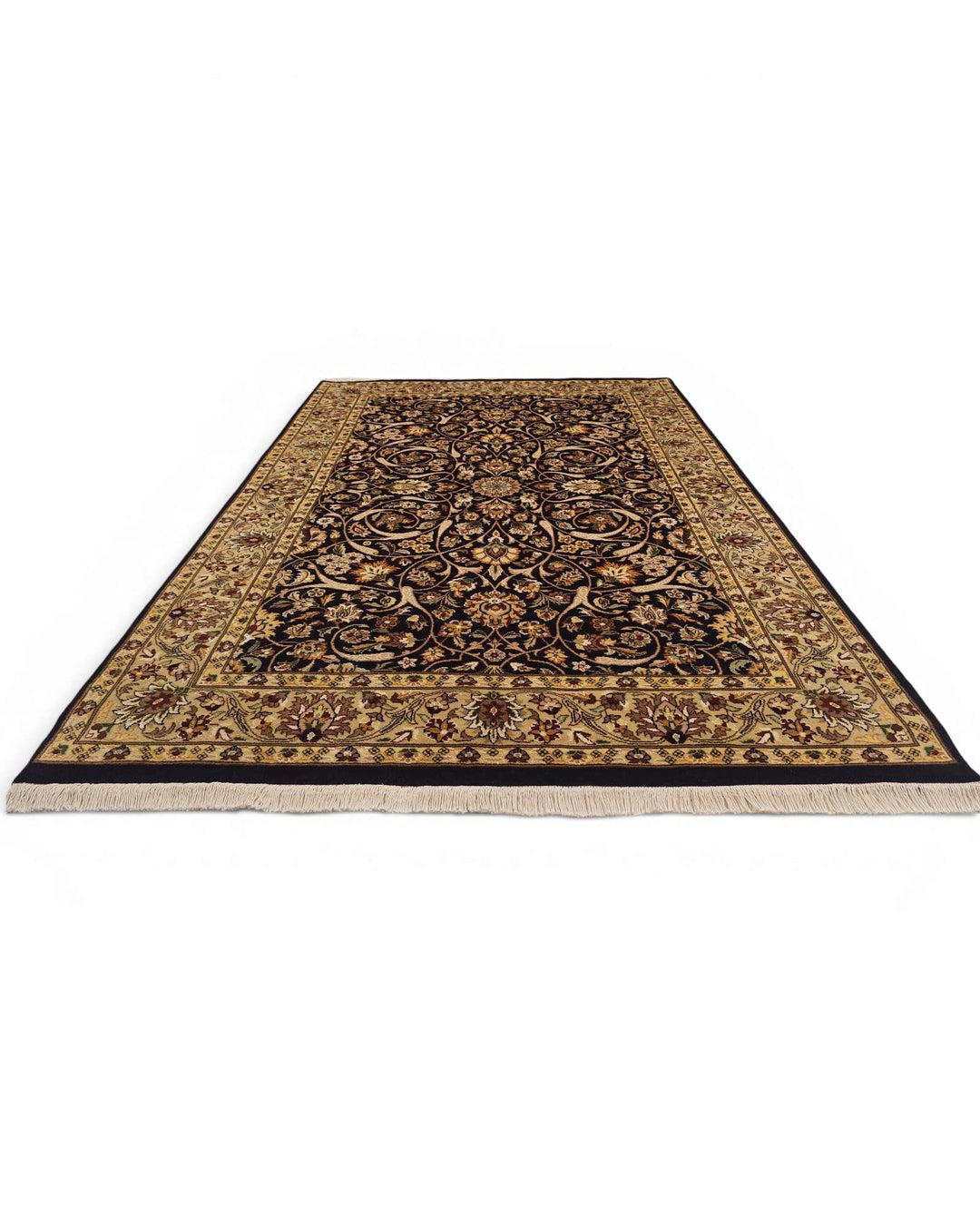 Fringe of ebony and gold floral hand-knotted rug
