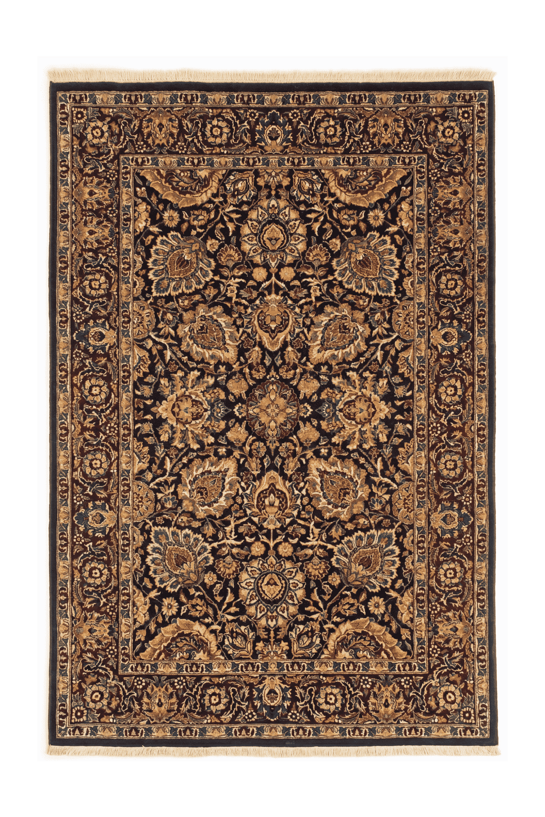 Jet black and gold Tabriz floral rug, hand-knotted Pakistani wool