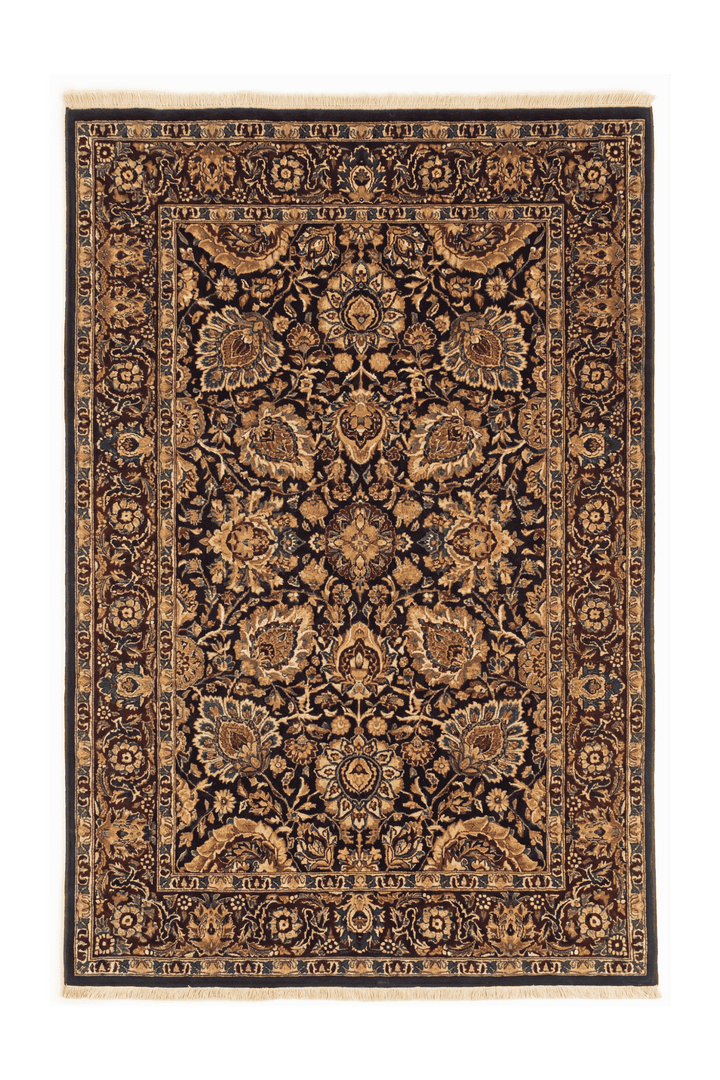 Jet black and gold Tabriz floral rug, hand-knotted Pakistani wool