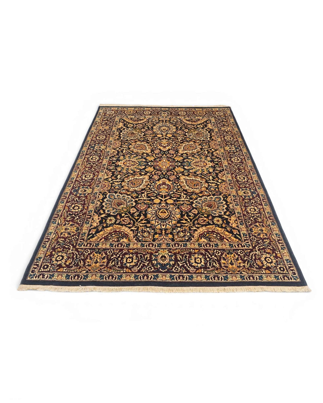 Hand-knotted wool pile of jet black gold Tabriz rug
