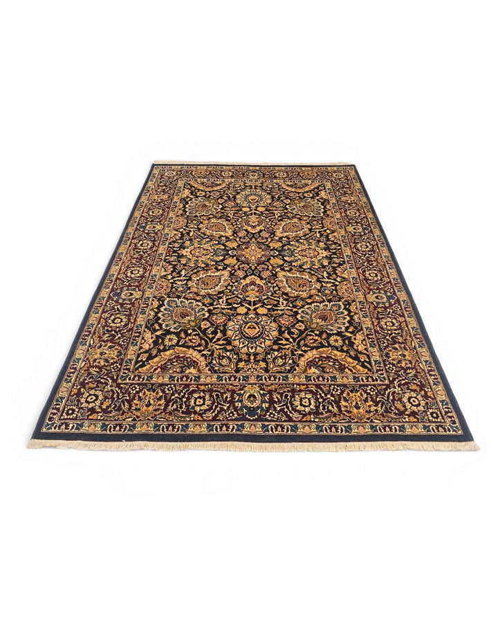 Hand-knotted wool pile of jet black gold Tabriz rug