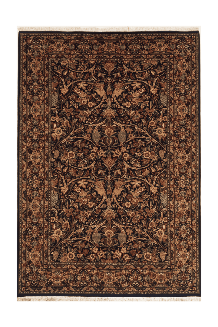 Black garden floral Tabriz rug, hand-knotted Pakistani wool