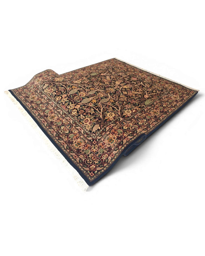 Black garden floral Tabriz rug, hand-knotted Pakistani wool
