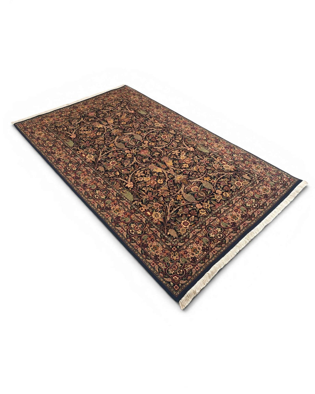 Hand-knotted black rug with garden Tabriz floral field