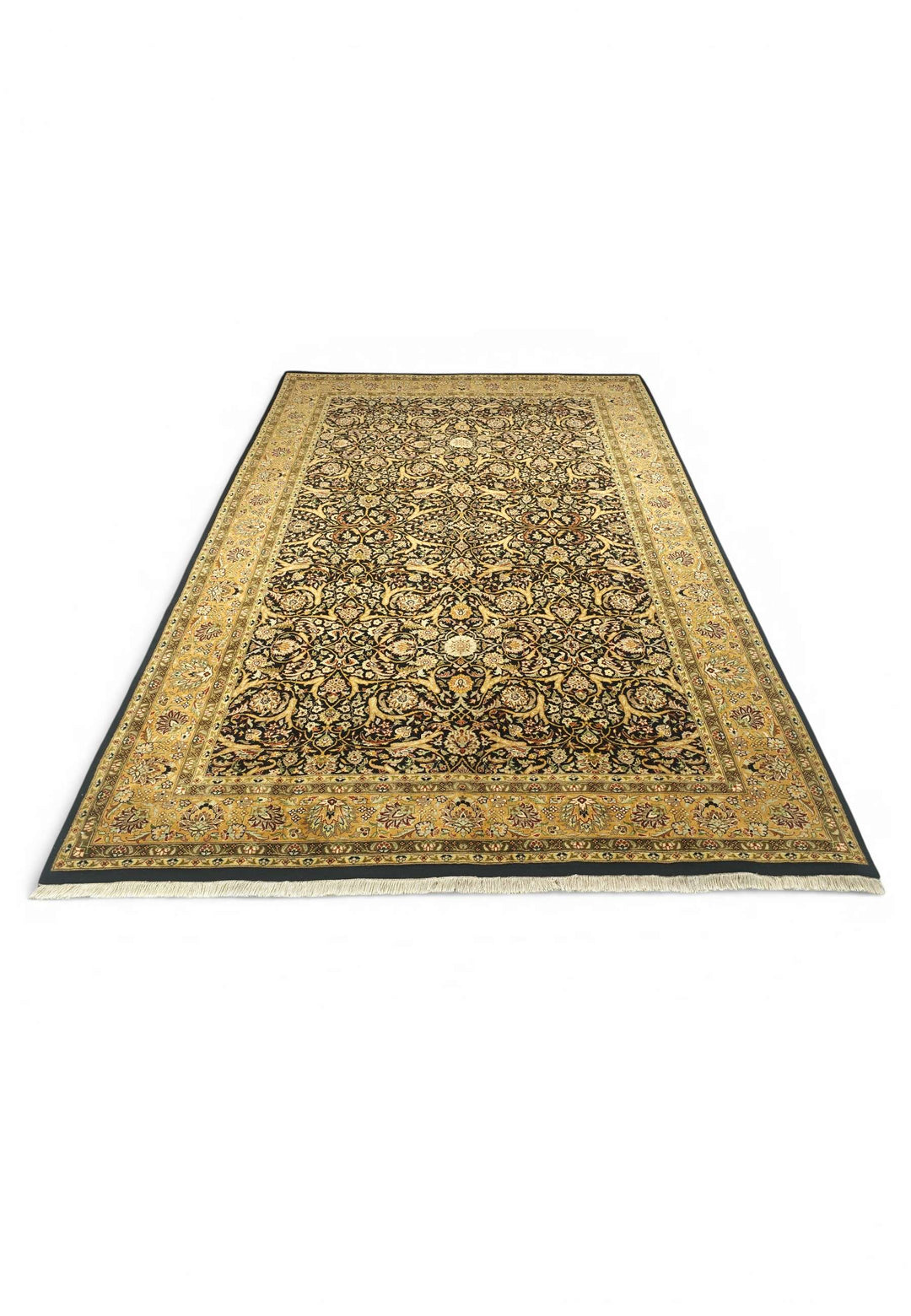 Hand-knotted wool pile of black gold vine rug, 184×277cm