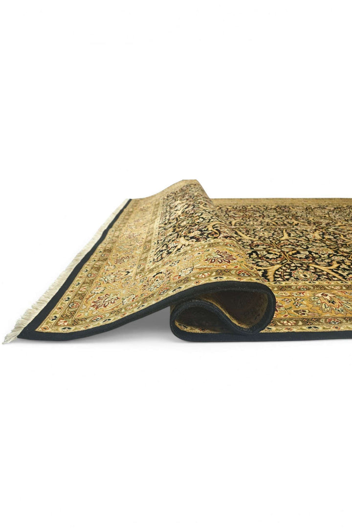 Hand-knotted black rug with gold Afshan floral vine