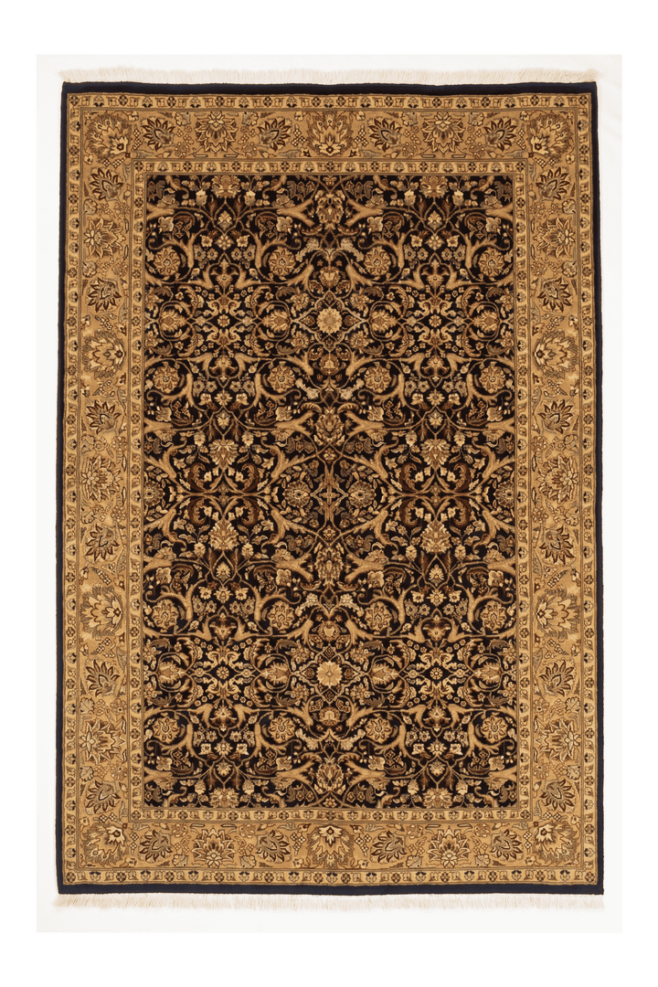 Onyx black and gold all-over floral Tabriz rug, hand-knotted wool