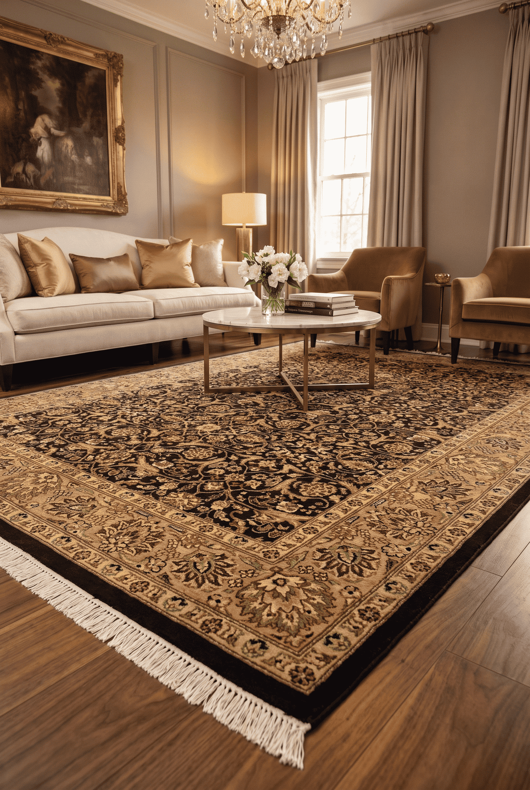 Border detail of onyx gold hand-knotted double-knot rug