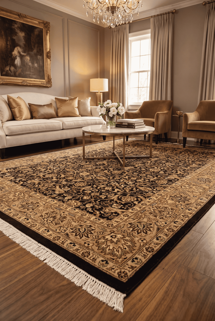 Border detail of onyx gold hand-knotted double-knot rug