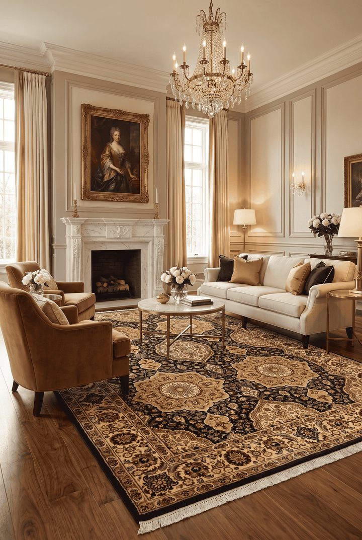 Border detail of gilded star hand-knotted double-knot rug