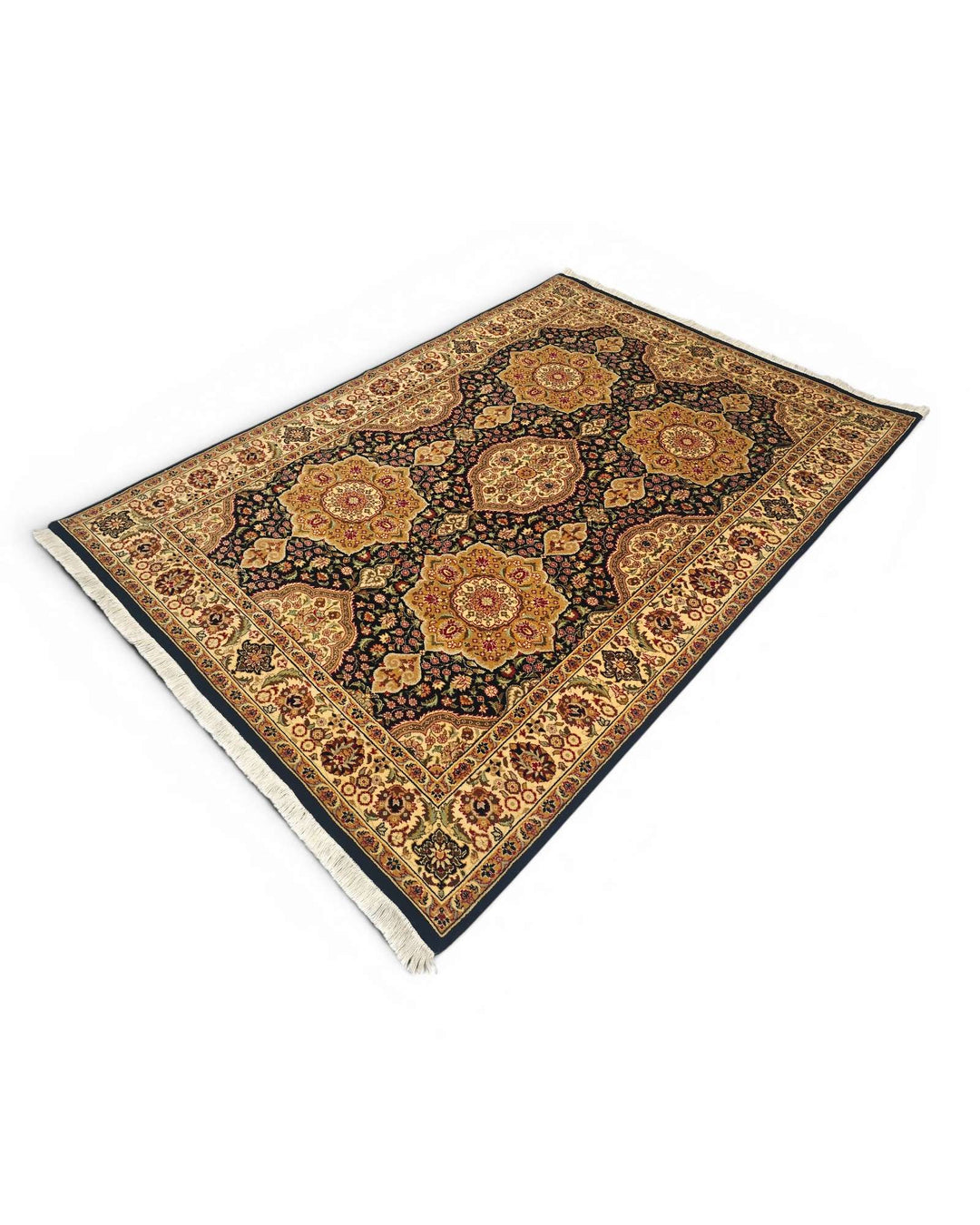 Hand-knotted gold rug with star Tabriz medallion