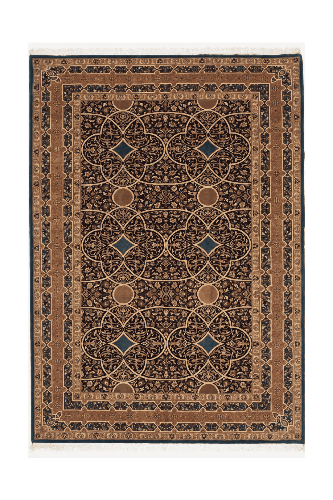 Camel arabesque lattice rug, hand-knotted Pakistani wool