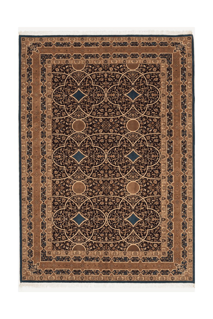 Camel arabesque lattice rug, hand-knotted Pakistani wool