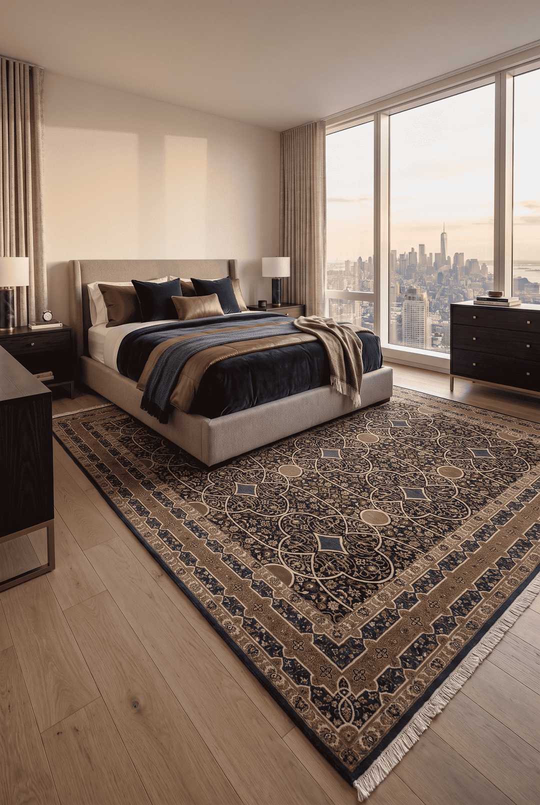 Border detail of camel arabesque hand-knotted double-knot rug