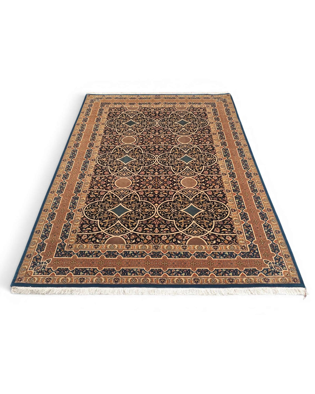 Hand-knotted wool pile of camel arabesque rug